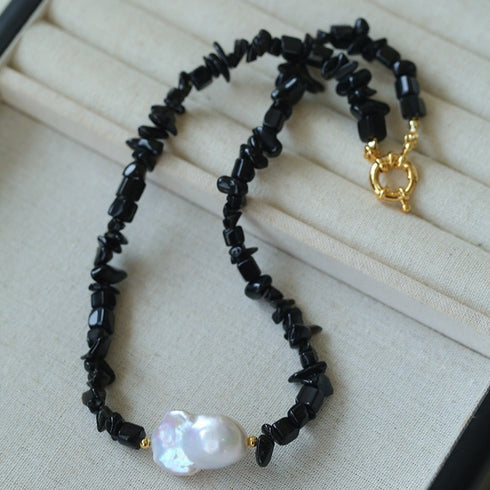Large Baroque Pearl Black Gemstone Necklace
